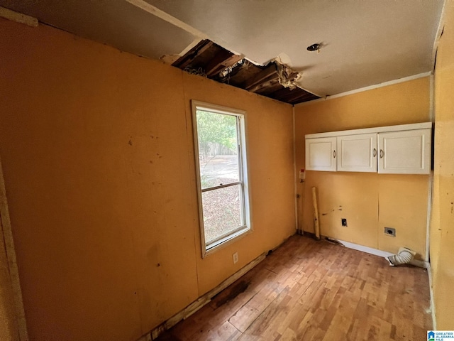 washroom with cabinets, light wood-type flooring, and electric dryer hookup