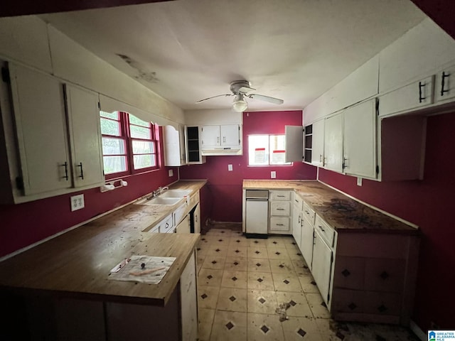 kitchen with white cabinets, ceiling fan, a wealth of natural light, and sink