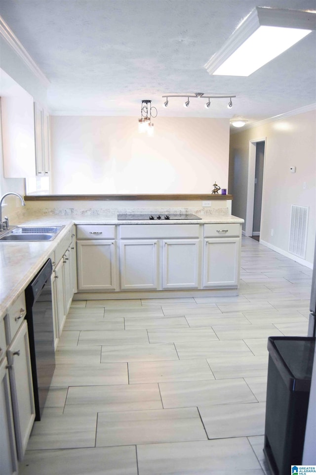 kitchen featuring a sink, visible vents, light countertops, ornamental molding, and black appliances