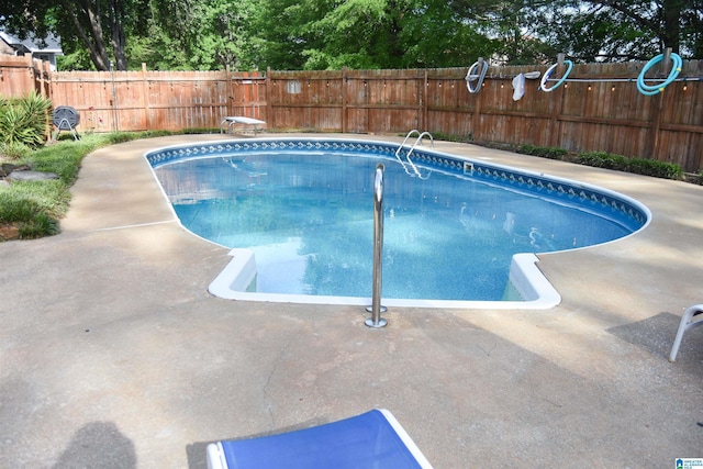 view of swimming pool with a diving board, a fenced backyard, and a fenced in pool