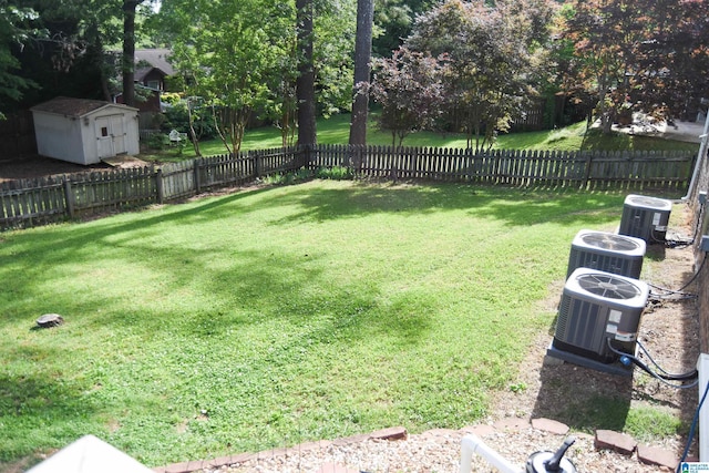 view of yard with central AC, a shed, and a fenced backyard