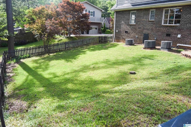 view of yard with a fenced backyard and central AC