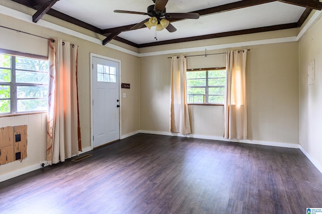 foyer entrance featuring ceiling fan, beamed ceiling, and dark wood-type flooring