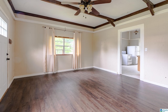 empty room with a healthy amount of sunlight, ceiling fan, and wood-type flooring