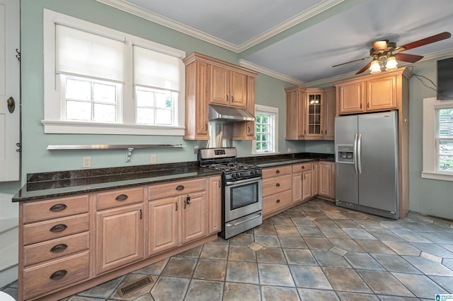 kitchen featuring ornamental molding, appliances with stainless steel finishes, ceiling fan, and dark stone counters