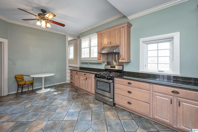 kitchen with dark stone countertops, ornamental molding, a healthy amount of sunlight, and stainless steel gas range oven