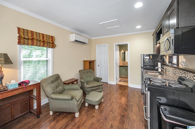 living area with dark hardwood / wood-style flooring, sink, crown molding, and a wall unit AC