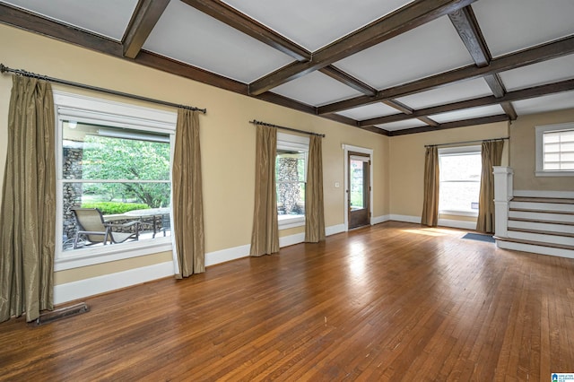 unfurnished living room with dark wood-type flooring, coffered ceiling, and beamed ceiling