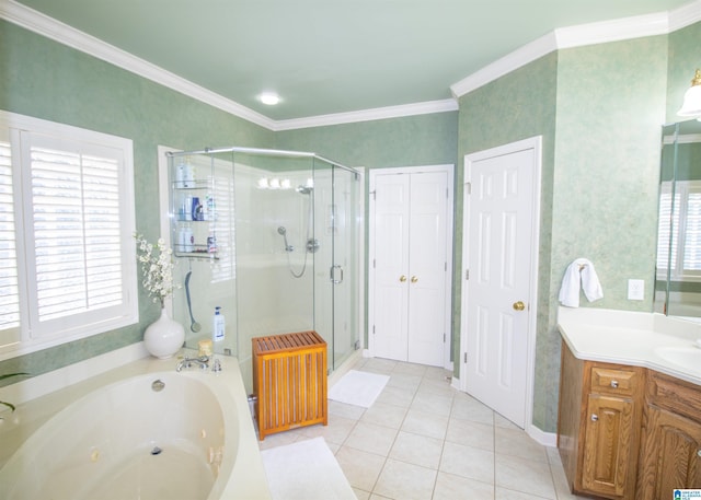 bathroom featuring vanity, tile patterned floors, plenty of natural light, and independent shower and bath