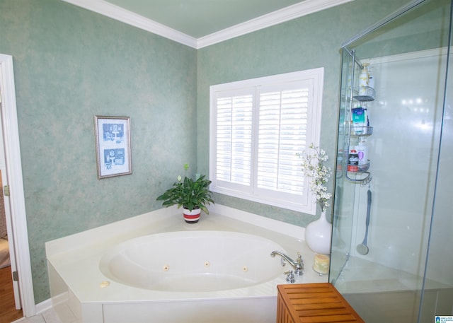 bathroom with plus walk in shower and crown molding