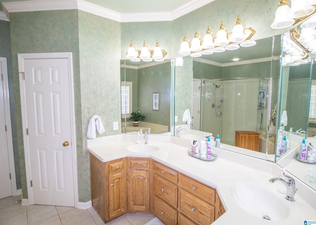 bathroom with tile patterned flooring, vanity, an enclosed shower, and ornamental molding