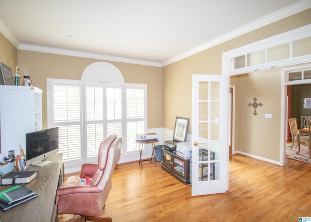 office area with french doors, light hardwood / wood-style floors, and ornamental molding