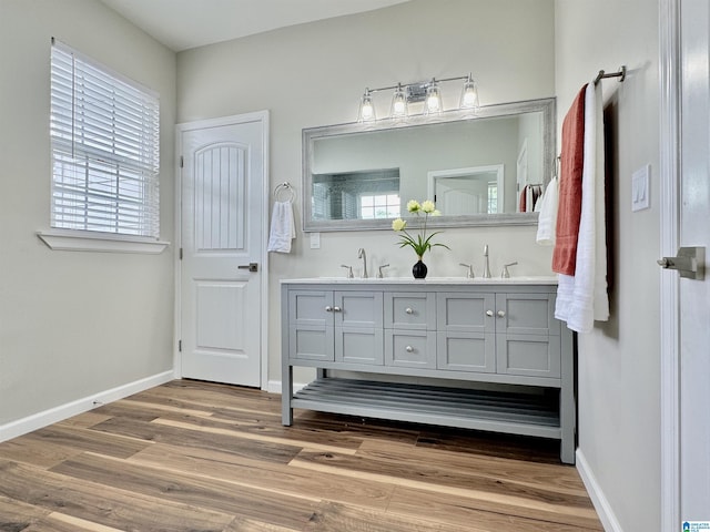 bathroom with hardwood / wood-style floors and vanity