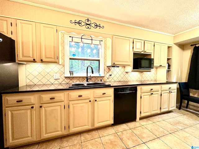 kitchen featuring tasteful backsplash, black appliances, sink, light tile patterned flooring, and ornamental molding