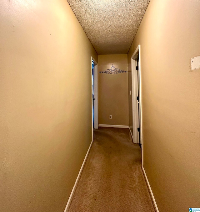 hall featuring carpet floors and a textured ceiling