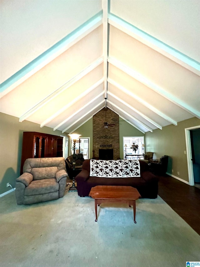 interior space featuring a brick fireplace, vaulted ceiling with beams, brick wall, and ceiling fan