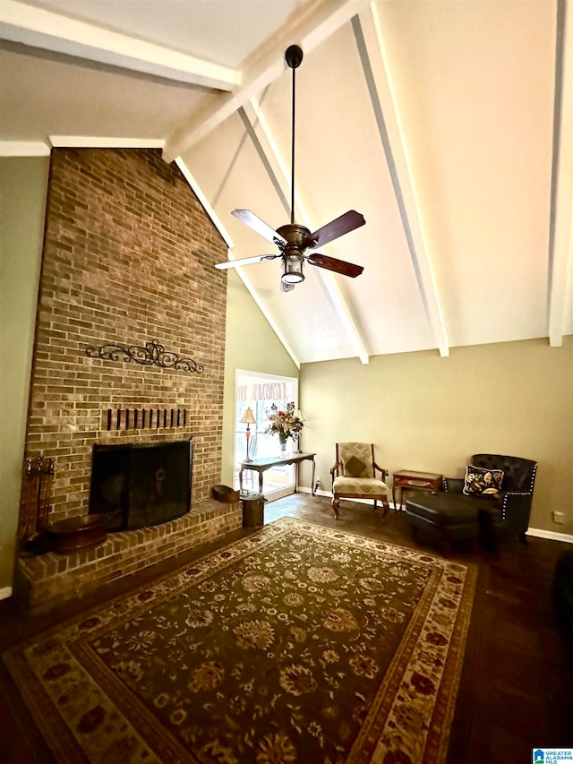 living room with a fireplace, beam ceiling, high vaulted ceiling, ceiling fan, and wood-type flooring