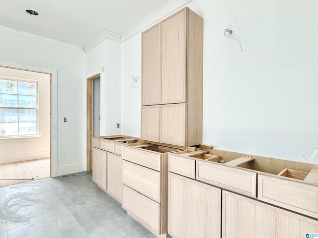 kitchen with crown molding and light brown cabinets