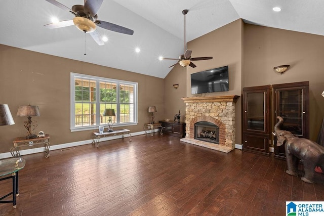 living room featuring ceiling fan, high vaulted ceiling, dark hardwood / wood-style floors, and a fireplace