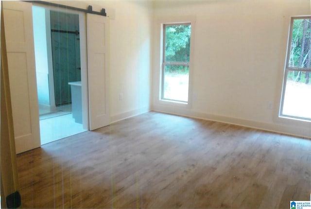 unfurnished room featuring a barn door, a healthy amount of sunlight, and hardwood / wood-style floors