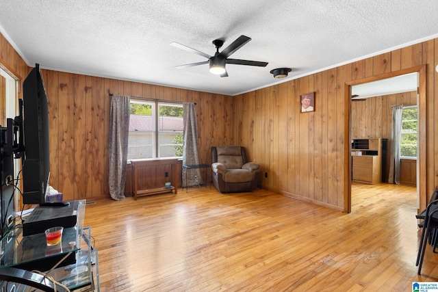 living area featuring ceiling fan, ornamental molding, light hardwood / wood-style floors, and a textured ceiling