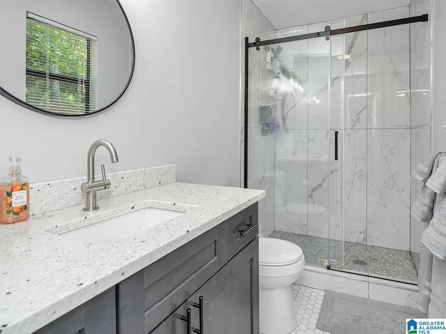 bathroom featuring vanity, toilet, and a marble finish shower