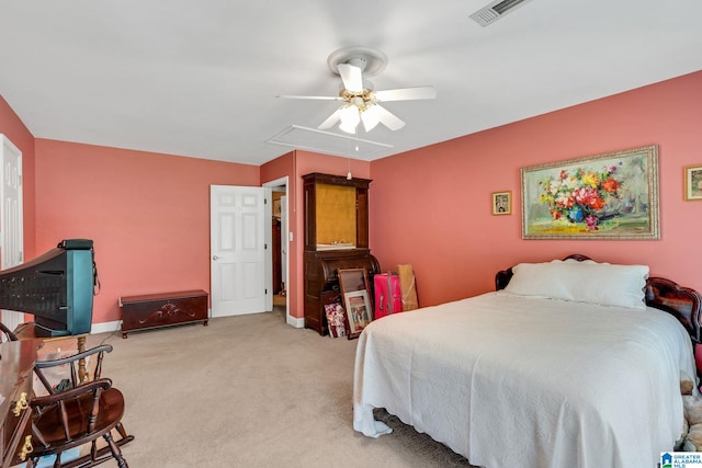 carpeted bedroom with ceiling fan