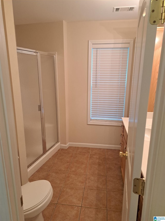 full bath with tile patterned floors, a stall shower, and toilet