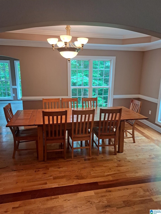 dining space featuring ornamental molding, healthy amount of natural light, wood finished floors, and a chandelier