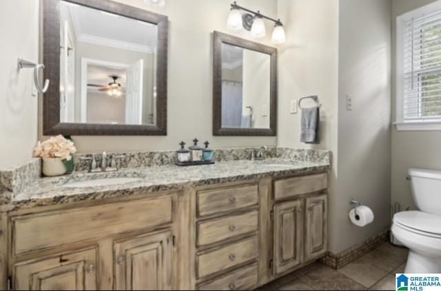 bathroom featuring ornamental molding, vanity, ceiling fan, toilet, and tile patterned floors