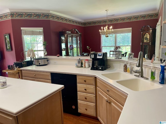 kitchen with crown molding, sink, decorative light fixtures, and a chandelier