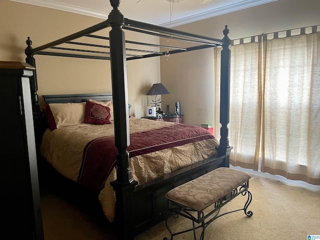 carpeted bedroom featuring ornamental molding