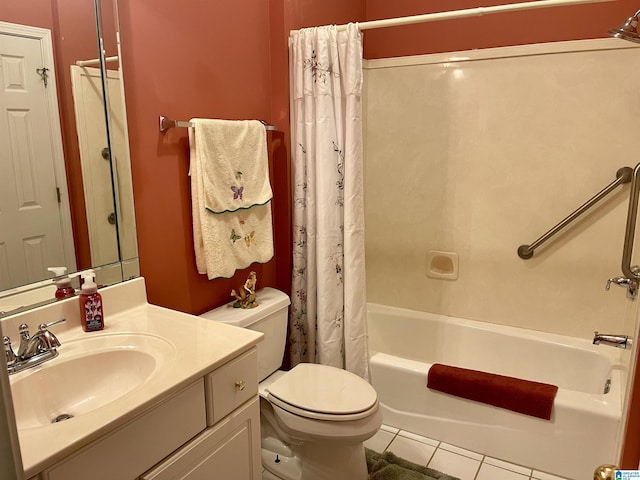 full bathroom with tile patterned flooring, vanity, shower / bathtub combination with curtain, and toilet