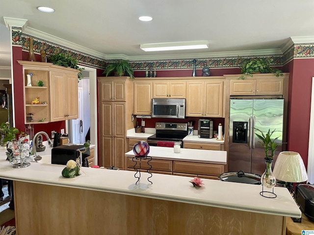 kitchen featuring crown molding, stainless steel appliances, and light brown cabinets