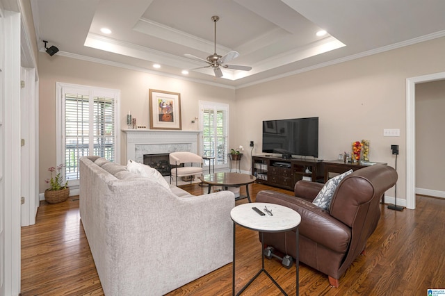 living room featuring a high end fireplace, ceiling fan, dark hardwood / wood-style flooring, and a raised ceiling