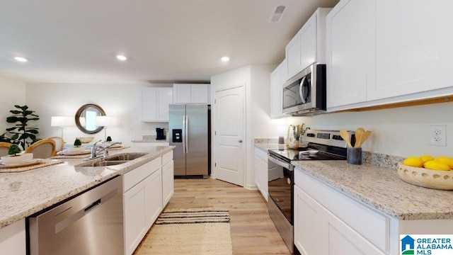 kitchen featuring white cabinets, light wood-type flooring, sink, and appliances with stainless steel finishes