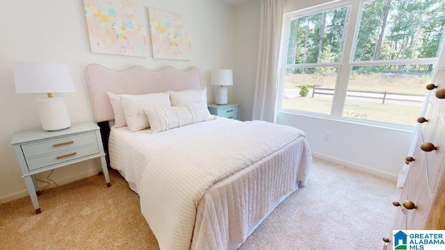 bedroom with light carpet and multiple windows