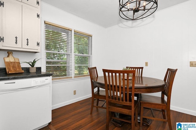 dining area featuring baseboards, an inviting chandelier, and dark wood-style floors