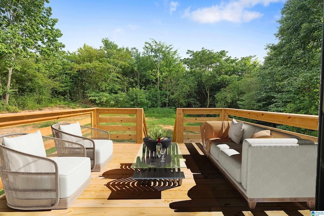 wooden terrace with an outdoor living space