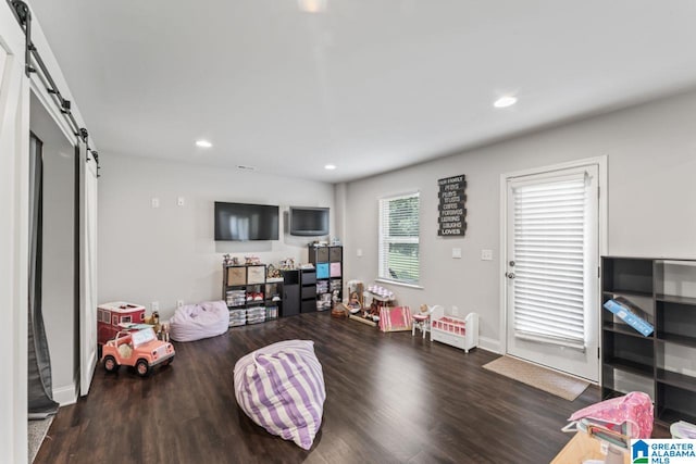 rec room featuring a barn door and dark hardwood / wood-style floors