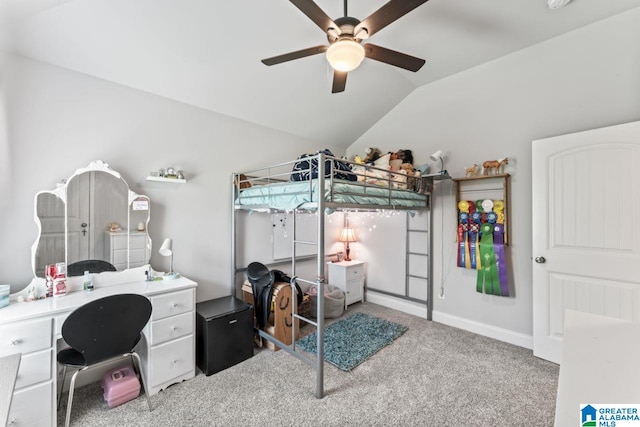 bedroom featuring carpet, vaulted ceiling, and ceiling fan