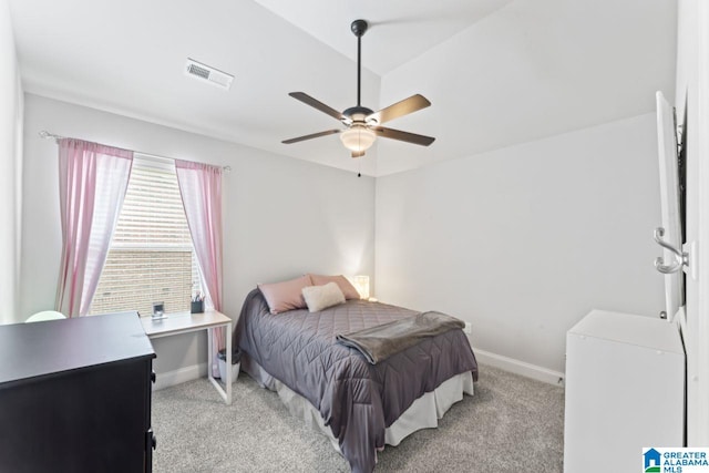 carpeted bedroom with ceiling fan