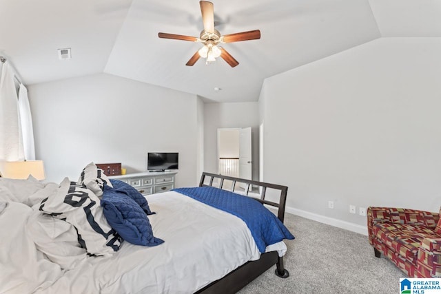 bedroom with ceiling fan, light colored carpet, and lofted ceiling