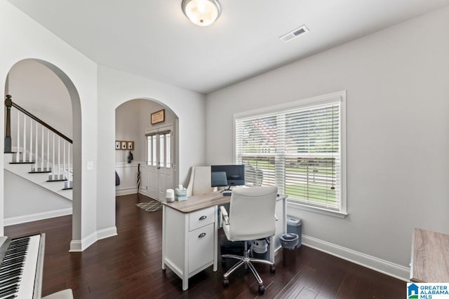 office area with dark wood-type flooring