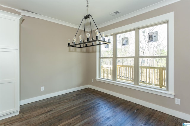 unfurnished dining area with a chandelier, visible vents, baseboards, dark wood-style floors, and crown molding