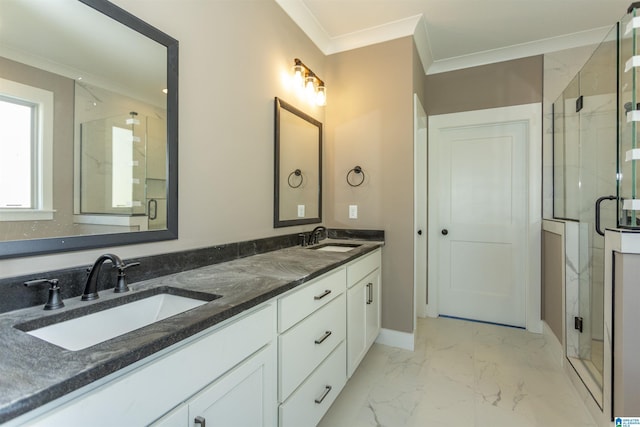 bathroom with marble finish floor, a sink, a marble finish shower, and crown molding