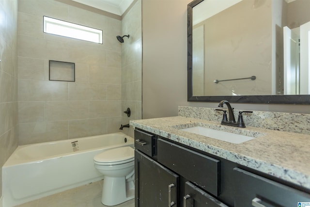 bathroom with toilet, vanity, and bathing tub / shower combination