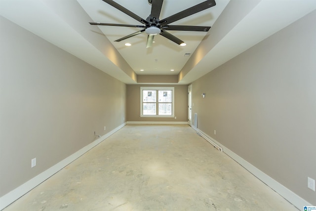 empty room featuring recessed lighting, visible vents, a ceiling fan, concrete floors, and baseboards