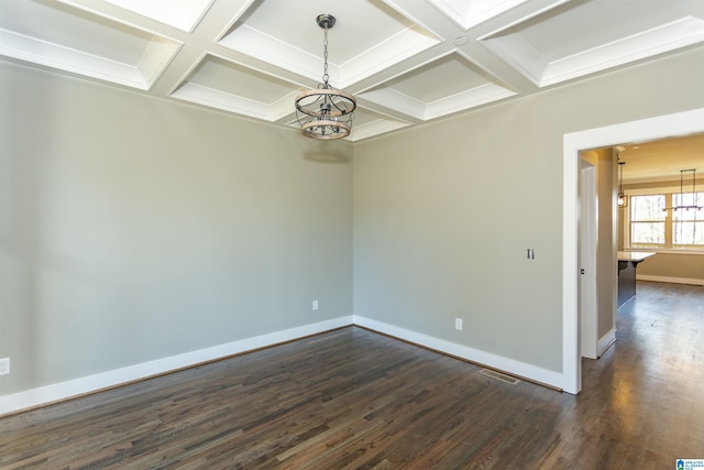 empty room featuring coffered ceiling, visible vents, baseboards, beam ceiling, and dark wood finished floors