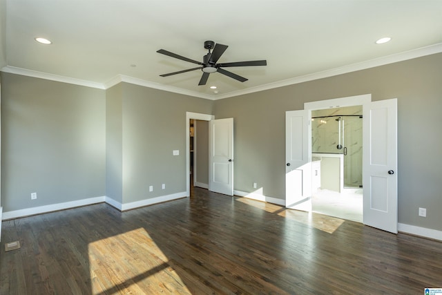 unfurnished bedroom with crown molding, baseboards, dark wood-style flooring, and recessed lighting